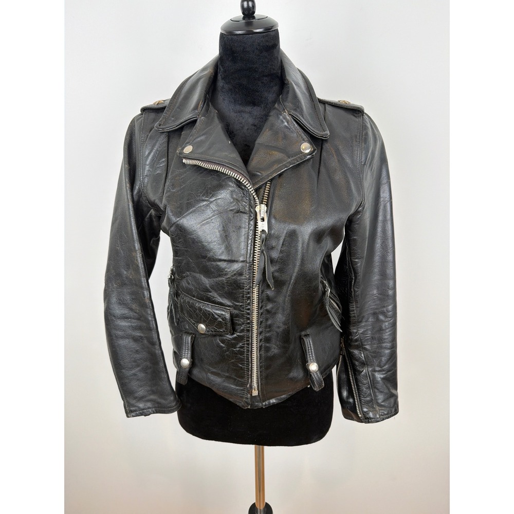 Vintage 1960s Biker Jacket Womens Black Star Studs Harley Shield Distressed OOAK